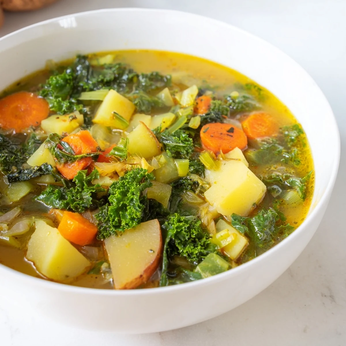 This hearty Vegetarian Potato-Kale Soup features tender potatoes and wilted kale, perfect for a cozy dinner.