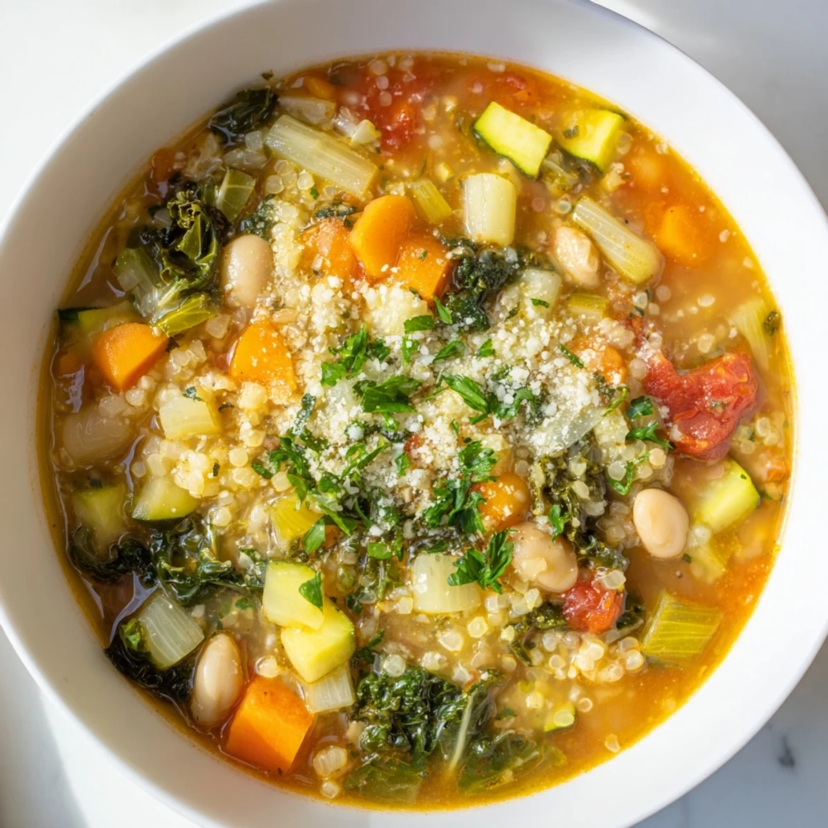 Steaming bowl of Minestrone with Quinoa & Winter Greens: a hearty, healthy soup ready to serve.