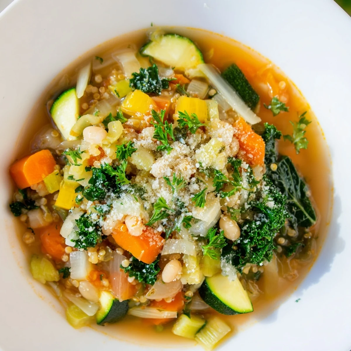 Enjoy a comforting bowl of Italian-inspired Minestrone with Quinoa, perfect for a cold evening.