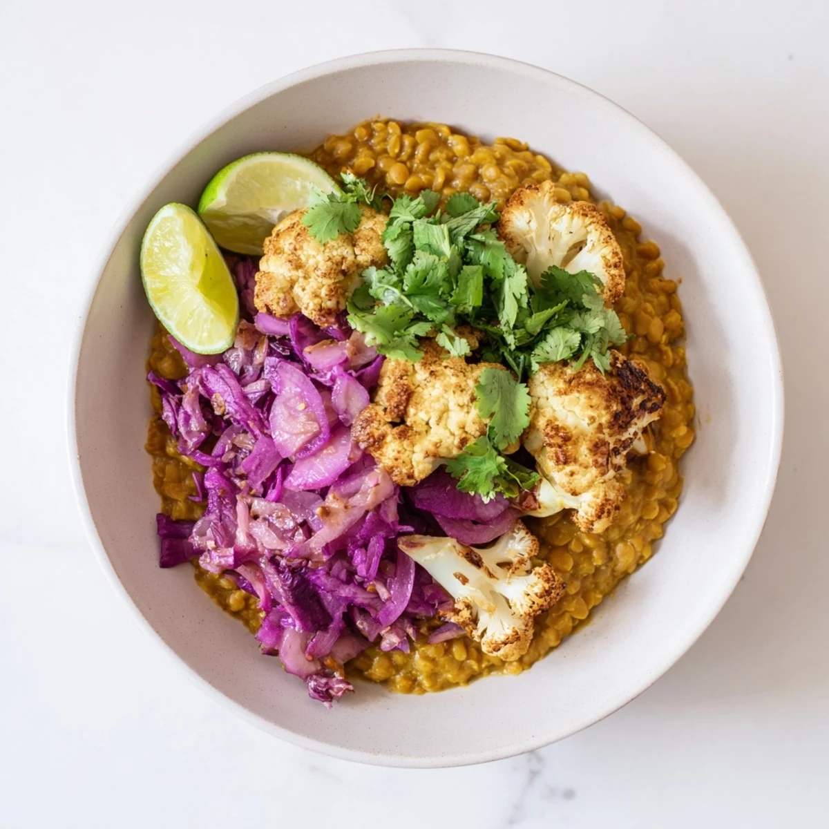 A steaming bowl of colorful red cabbage, cauliflower & coconut dhal with fragrant spices, a delicious vegetarian dish.