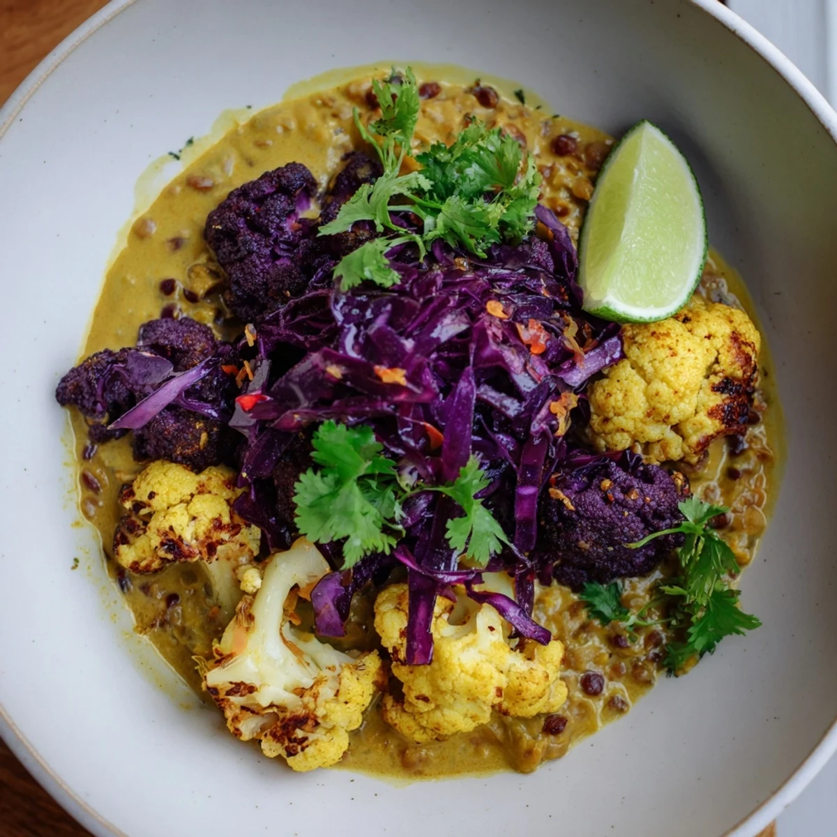 Creamy red cabbage, cauliflower & coconut dhal served with fresh cilantro and a lemon wedge, a hearty meal.