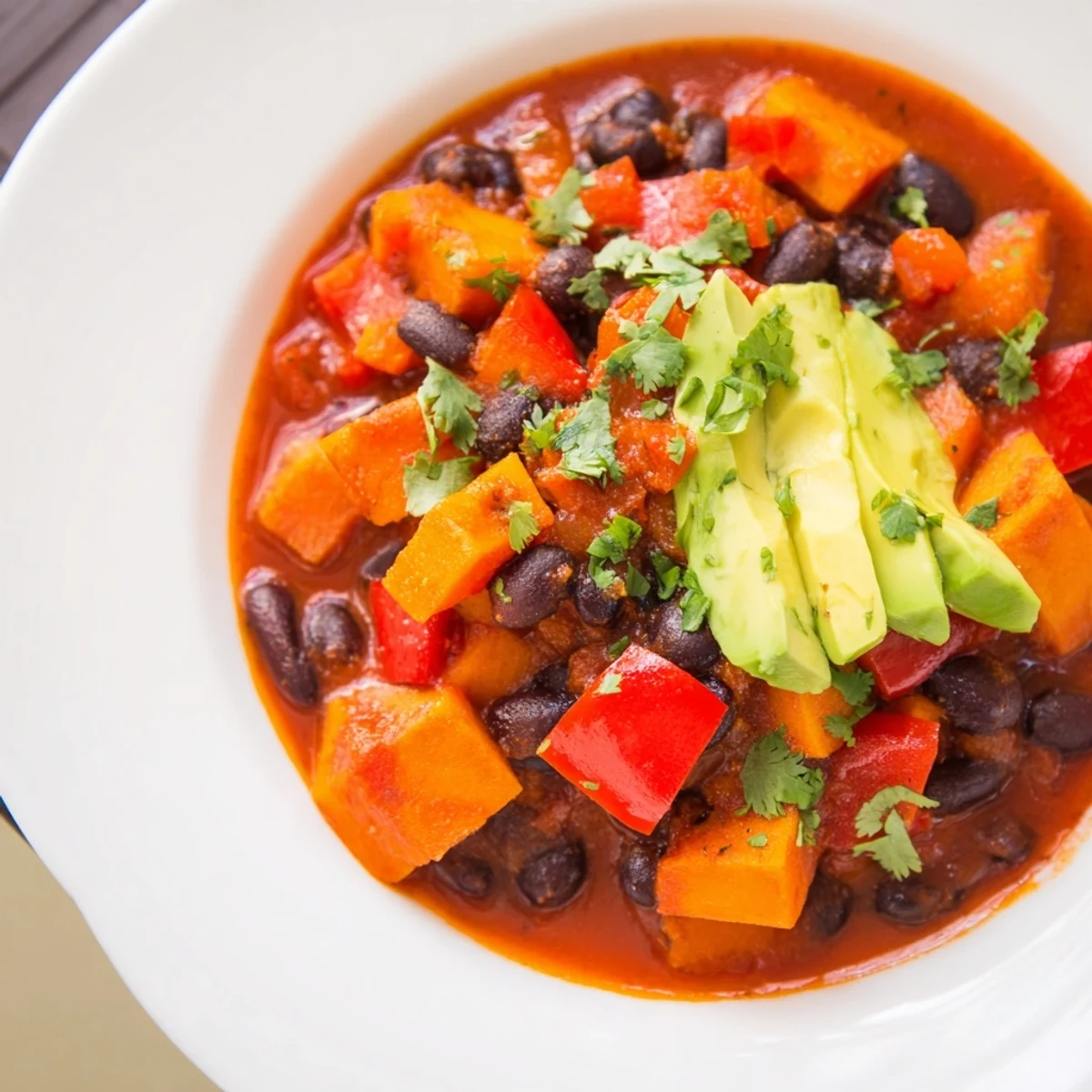 A visually appealing bowl of hearty Sweet Potato & Black Bean Chili, garnished with lime wedges for serving.