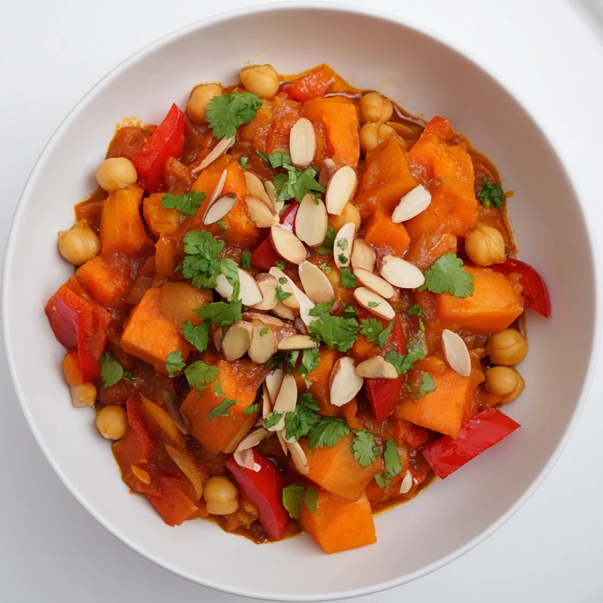 A steaming bowl of Moroccan chickpea & sweet potato tagine, garnished with fresh cilantro, ready to eat.