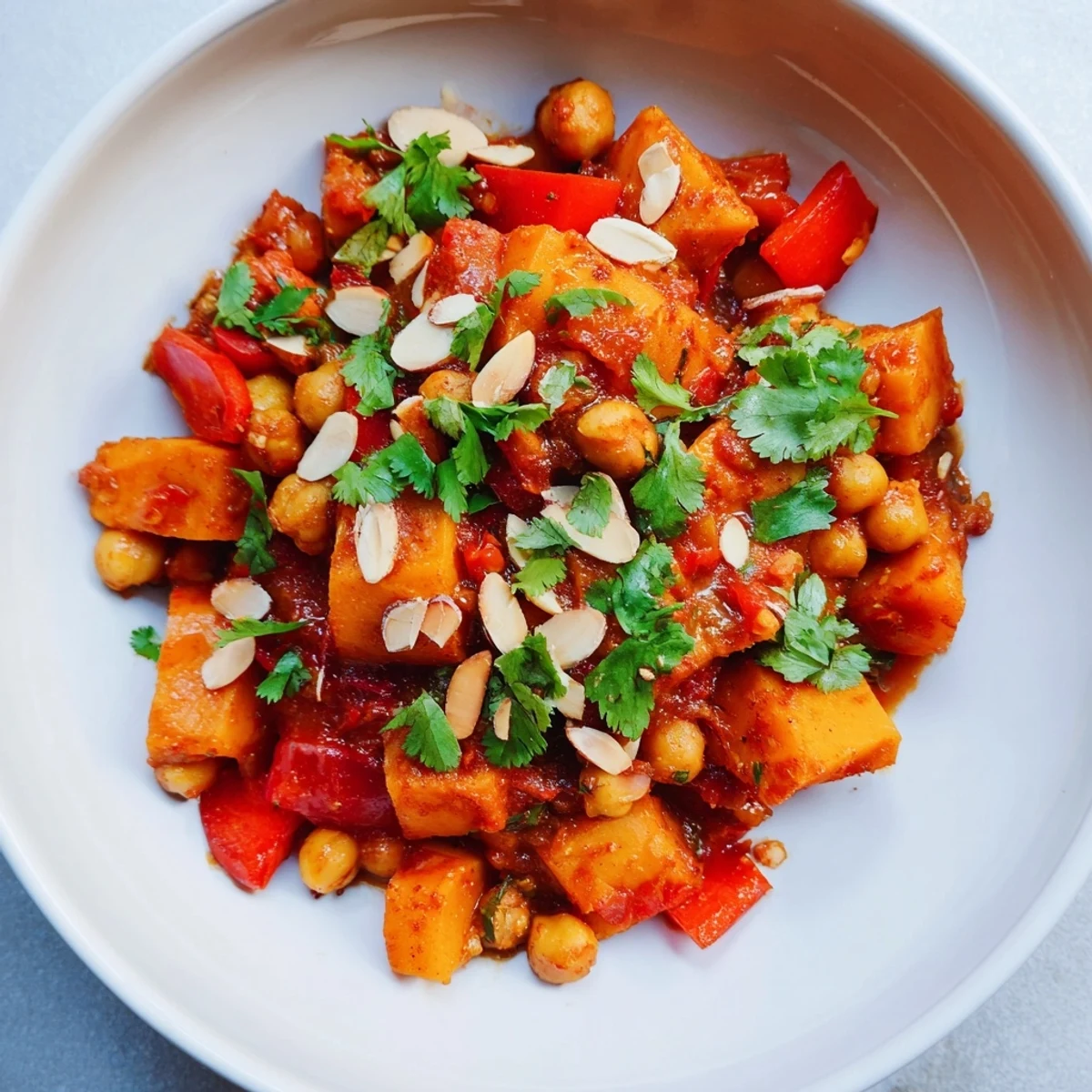 Close-up of a flavorful Moroccan chickpea & sweet potato tagine, perfect for a cozy, vegan dinner.