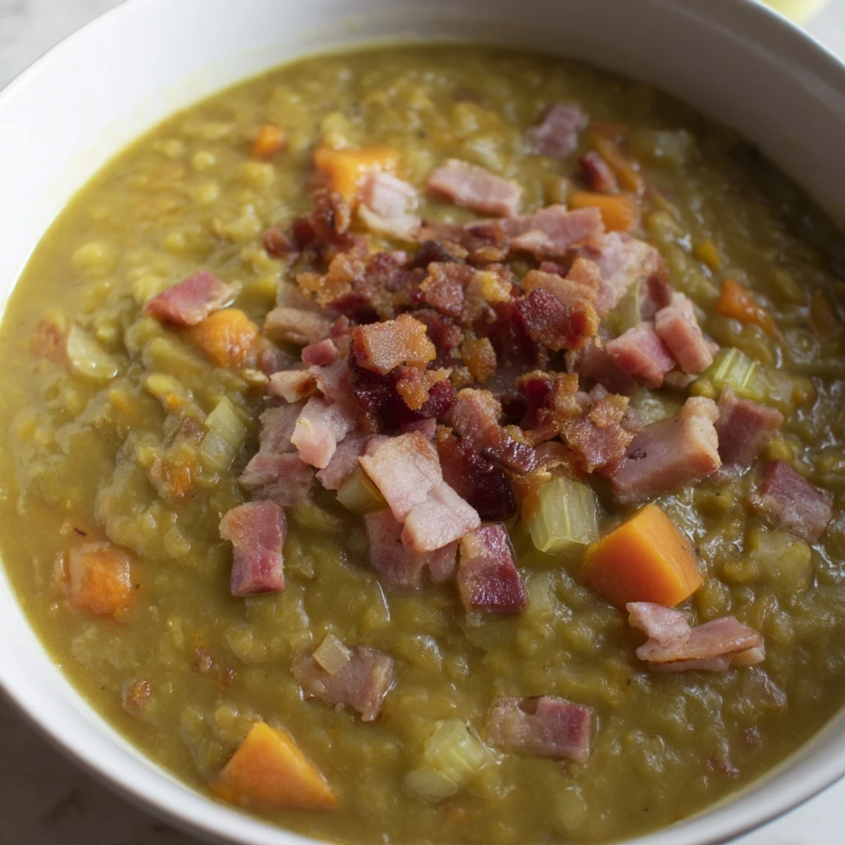 Steaming bowl of Split Pea Soup with canned ham and bacon, garnished with crispy bacon crumbles.