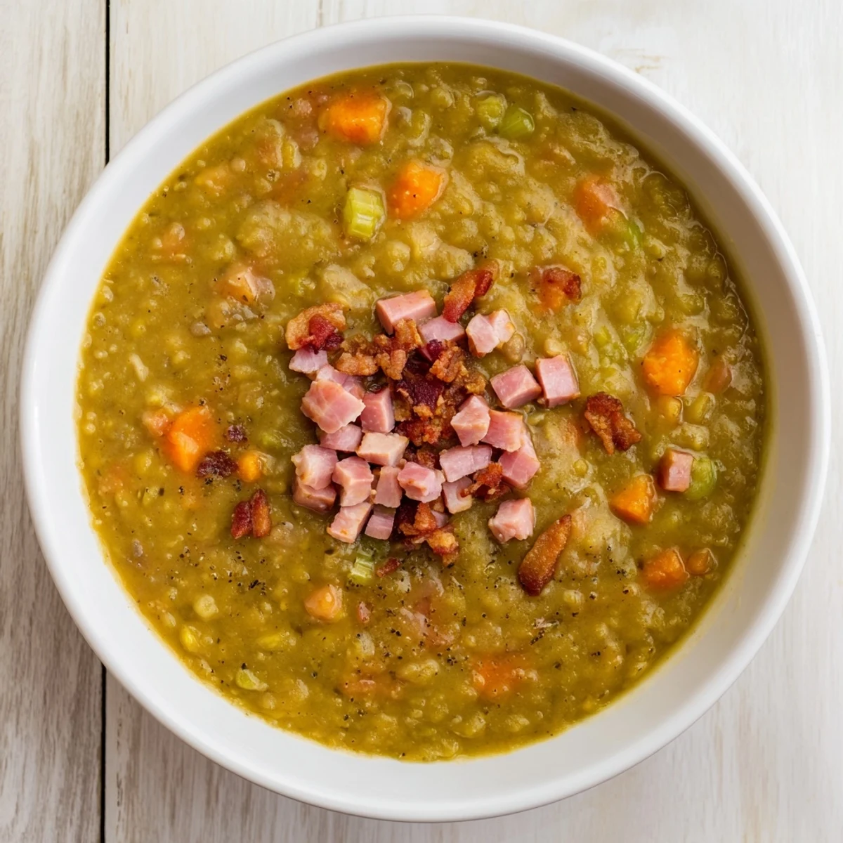 Close-up of hearty Split Pea Soup featuring pieces of ham and bacon, perfect for a warming meal.