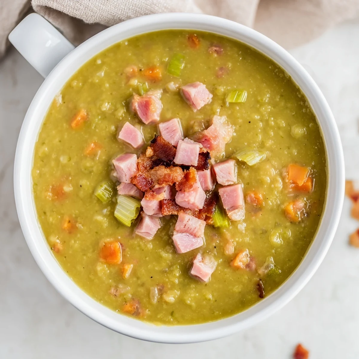 Thick, creamy Split Pea Soup with rich flavors from ham and bacon, ready to enjoy.