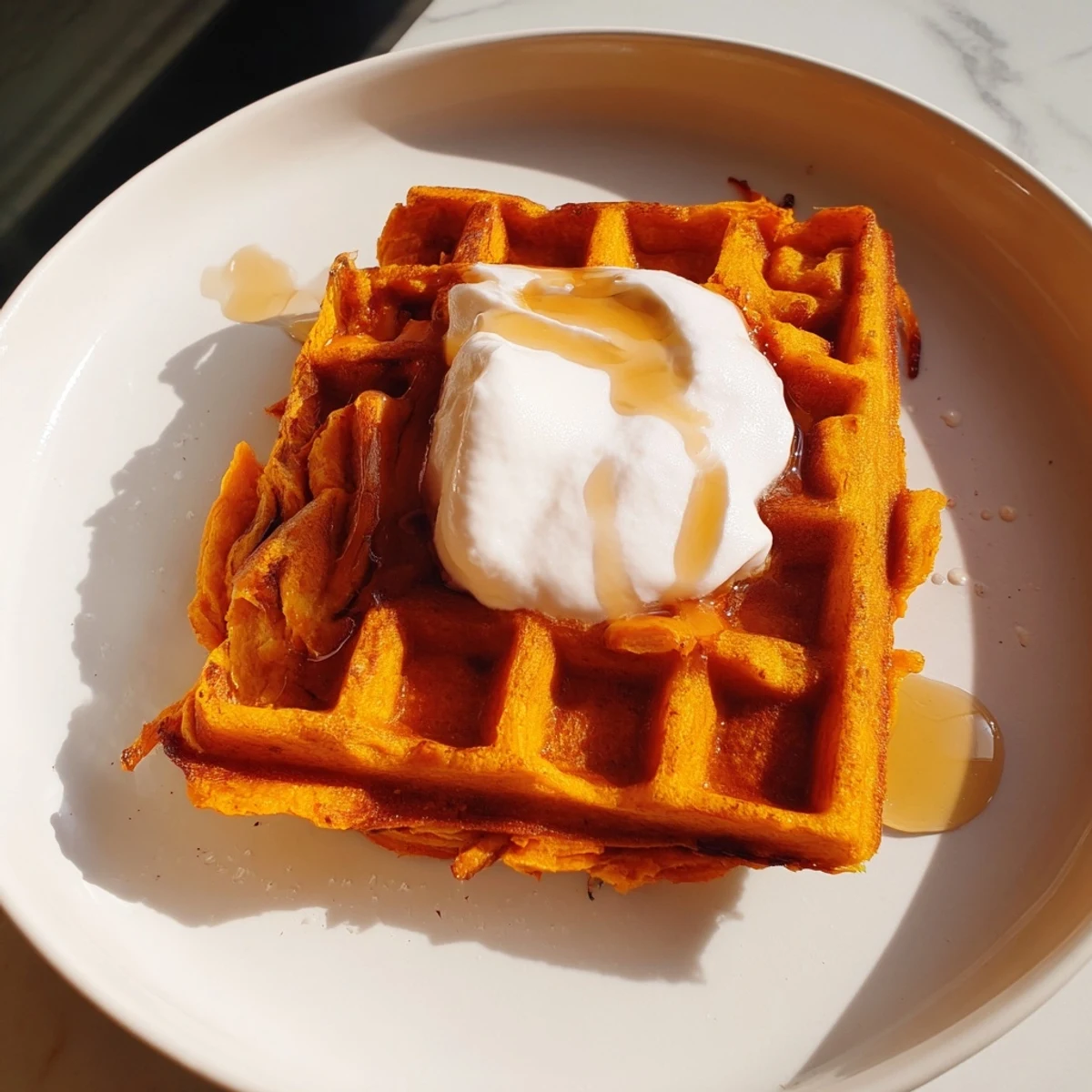 Golden, crispy Sweet Potato Waffle Hack served with fresh fruit, a delicious and easy breakfast.