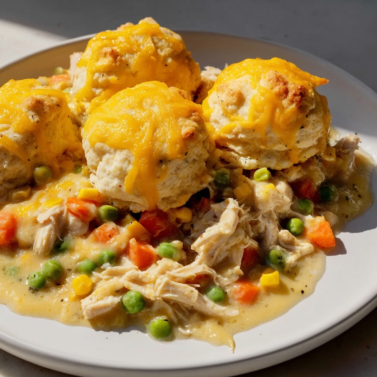 Golden, bubbly One-Pan Chicken Cobbler with cheesy biscuits topping, ready to serve and enjoy.