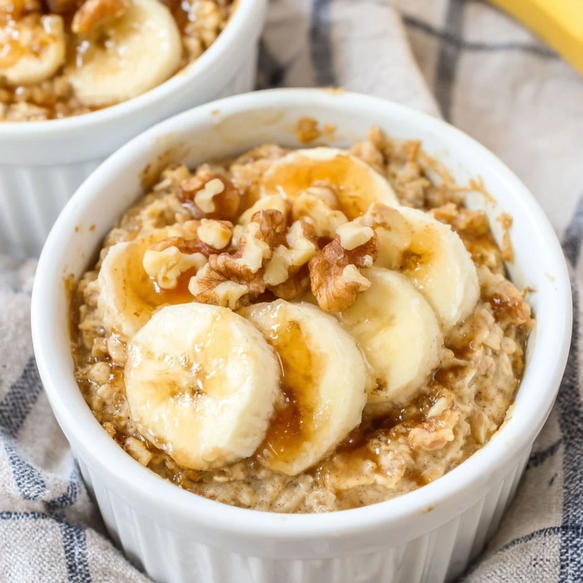 Golden-brown Baked Oats Ramekins with banana slices and a honey drizzle for a sweet breakfast.