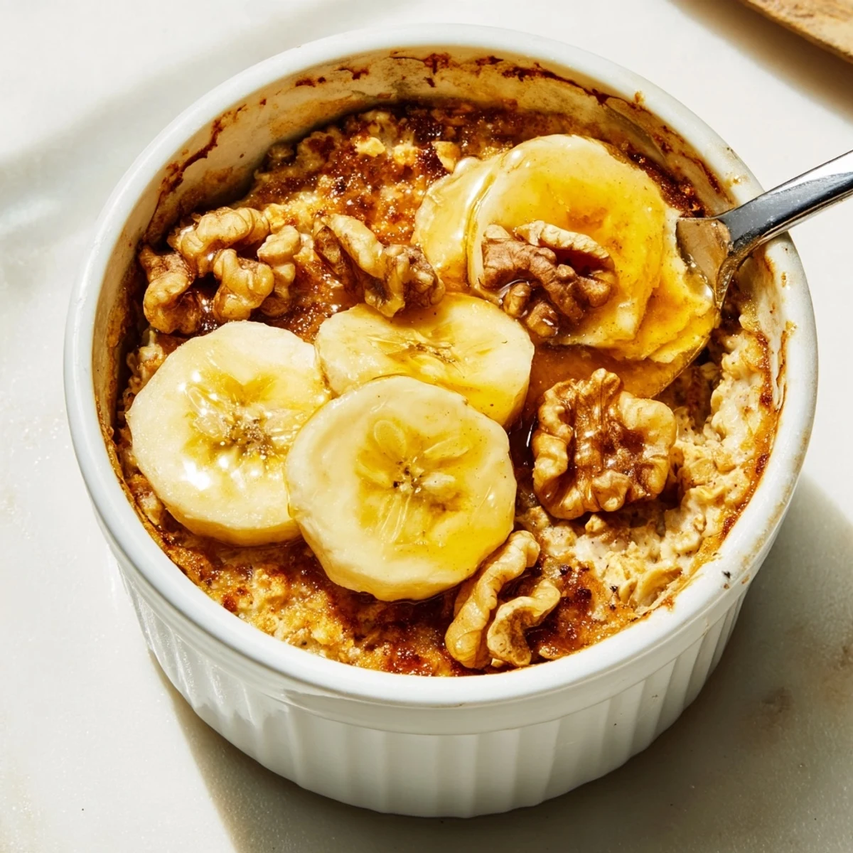 Individual ramekins of Baked Oats, rich and creamy, crowned with ripe banana, ready to eat.