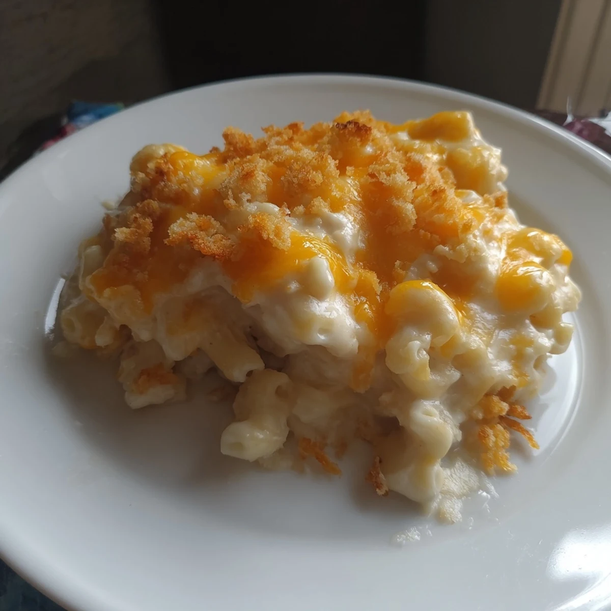 Bubbling baked mac & cheese with evaporated milk, cheesy and golden brown, ready to serve.