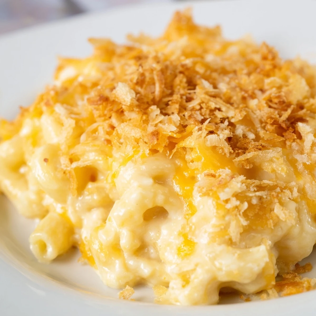 A close-up of creamy mac & cheese with evaporated milk, showcasing melted cheese and bubbly sauce.