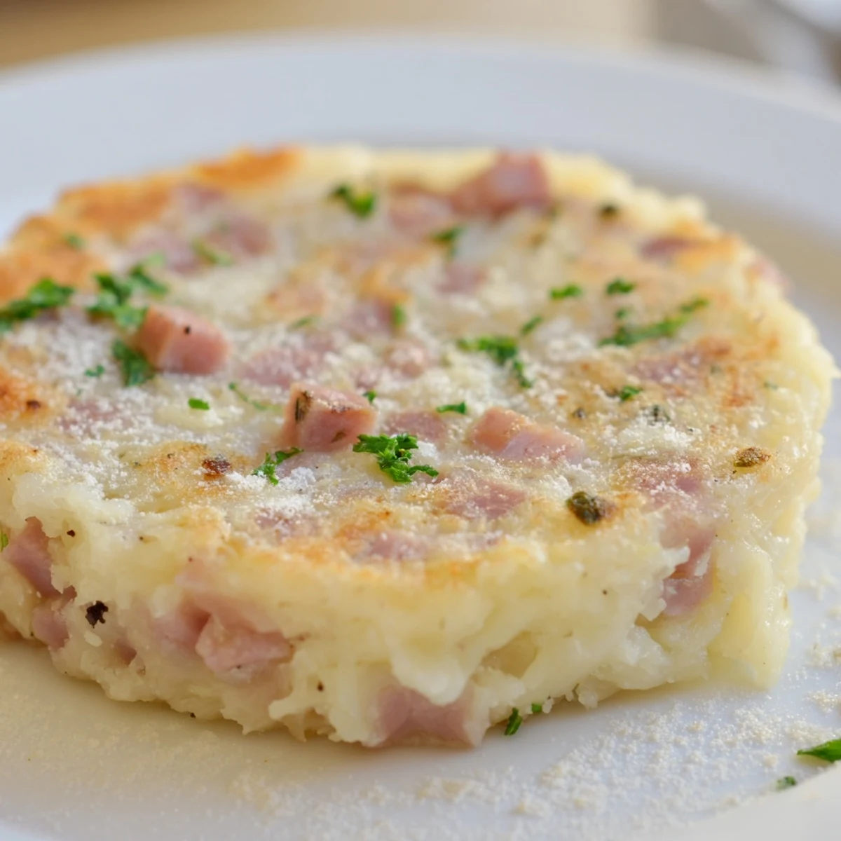 Crispy golden-brown Depression-Era Ham & Potato Patties, served hot, a savory, nostalgic meal.