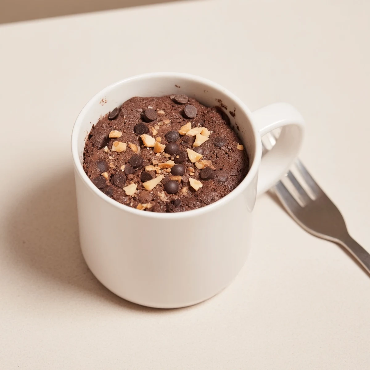 Warm and fluffy microwaved mug cake, showing rich chocolate goodness, ready to enjoy.