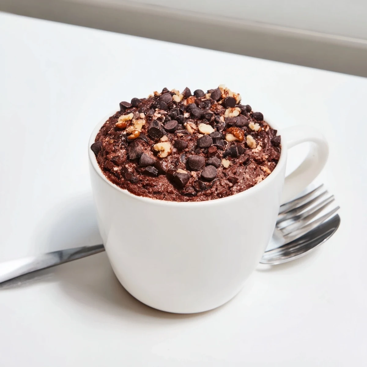 A close-up shot of a single serving of microwaved mug cake, perfect for a quick dessert.