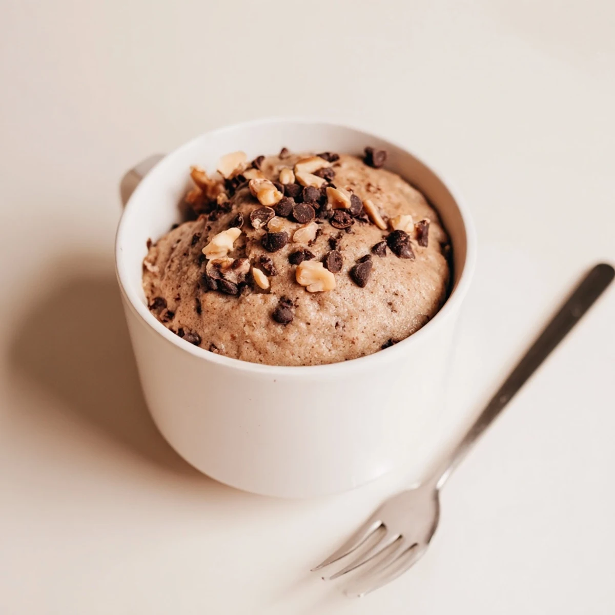 Steaming hot microwaved mug cake in a mug, ideal for those chocolate cravings.