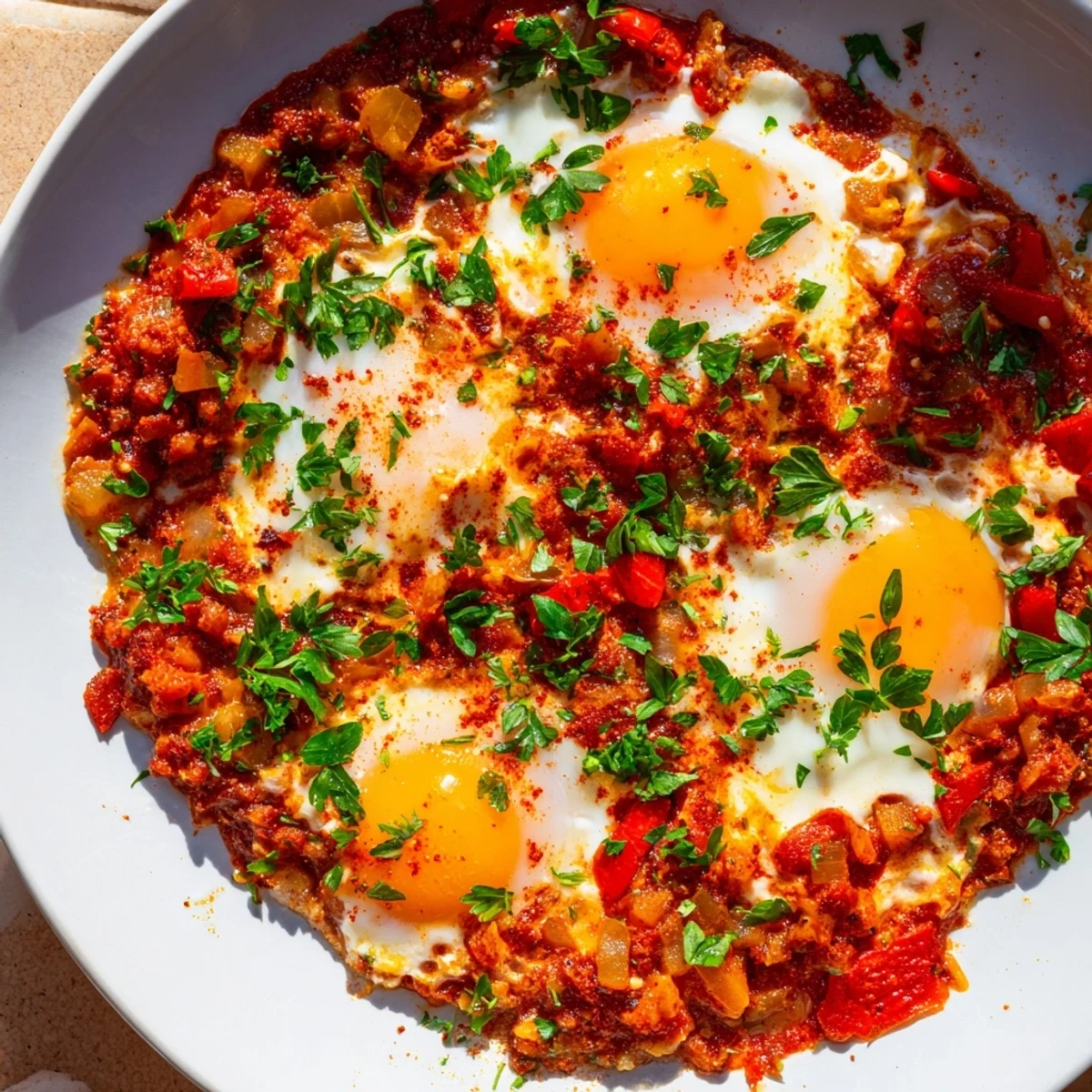 Warm, bubbling savoury baked eggs in tomato sauce, garnished with fresh herbs, a comforting dinner option.