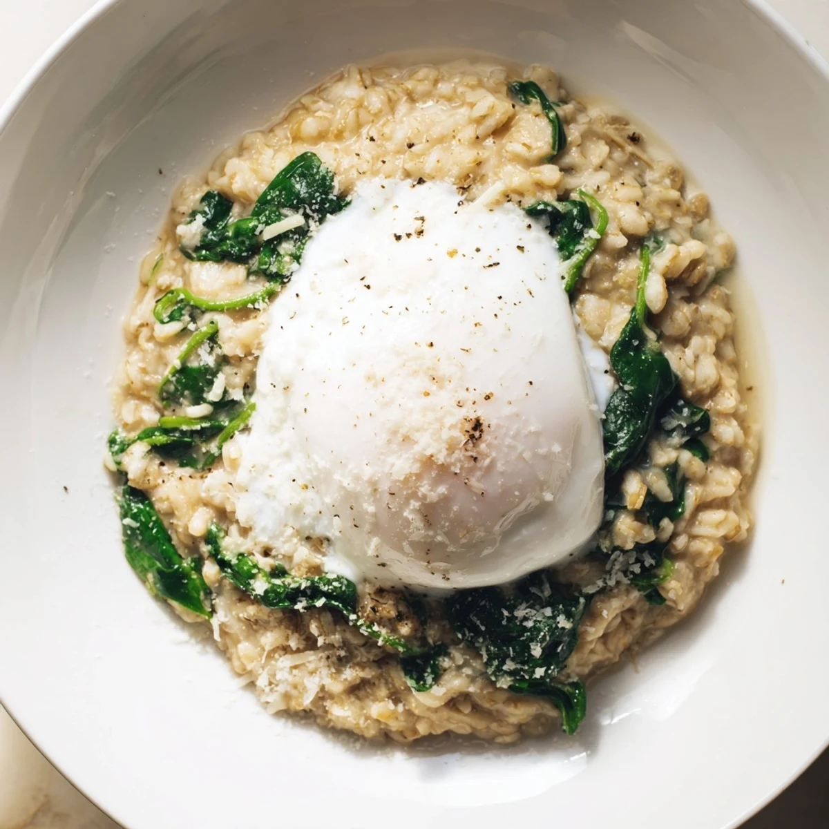 Enjoy a comforting bowl of creamy Savoury Oatmeal with Spinach & Poached Egg; a healthy and delicious meal.