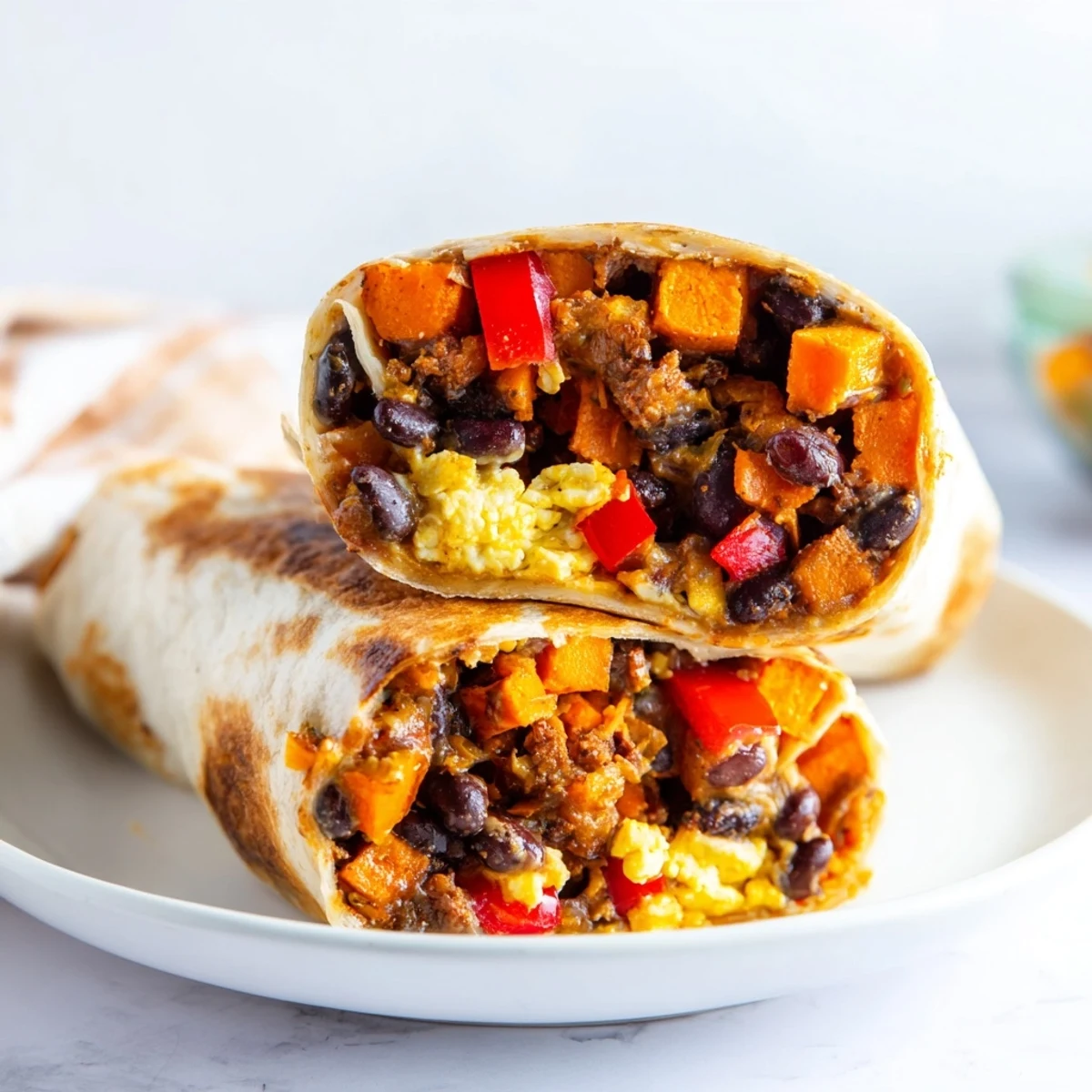 A freshly grilled Sweet Potato & Black Bean Breakfast Burrito, inviting with melted cheese and salsa.