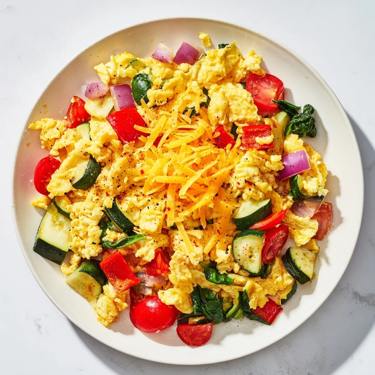 Golden-brown Egg & Veggie Sheet Pan Scramble with colorful roasted vegetables, ready to serve.