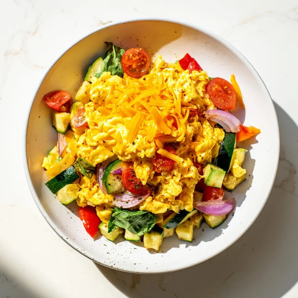 Fluffy baked Egg & Veggie Sheet Pan Scramble, perfect for a quick, delicious vegetarian breakfast.