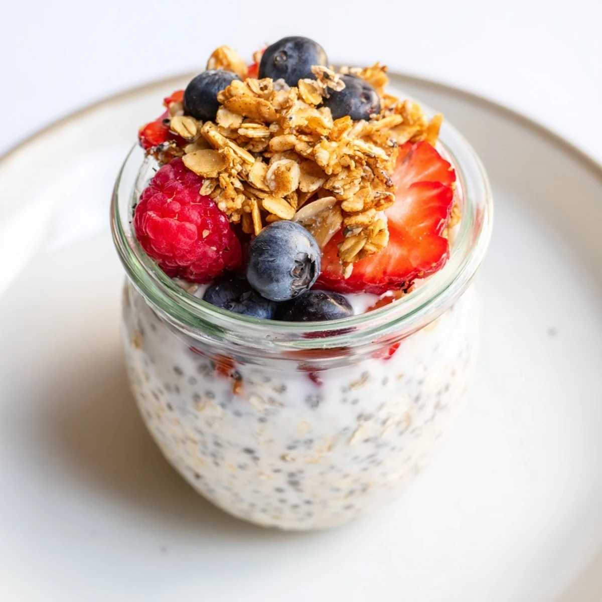 Individual jar of Overnight Oats ready to eat features an array of delicious toppings.