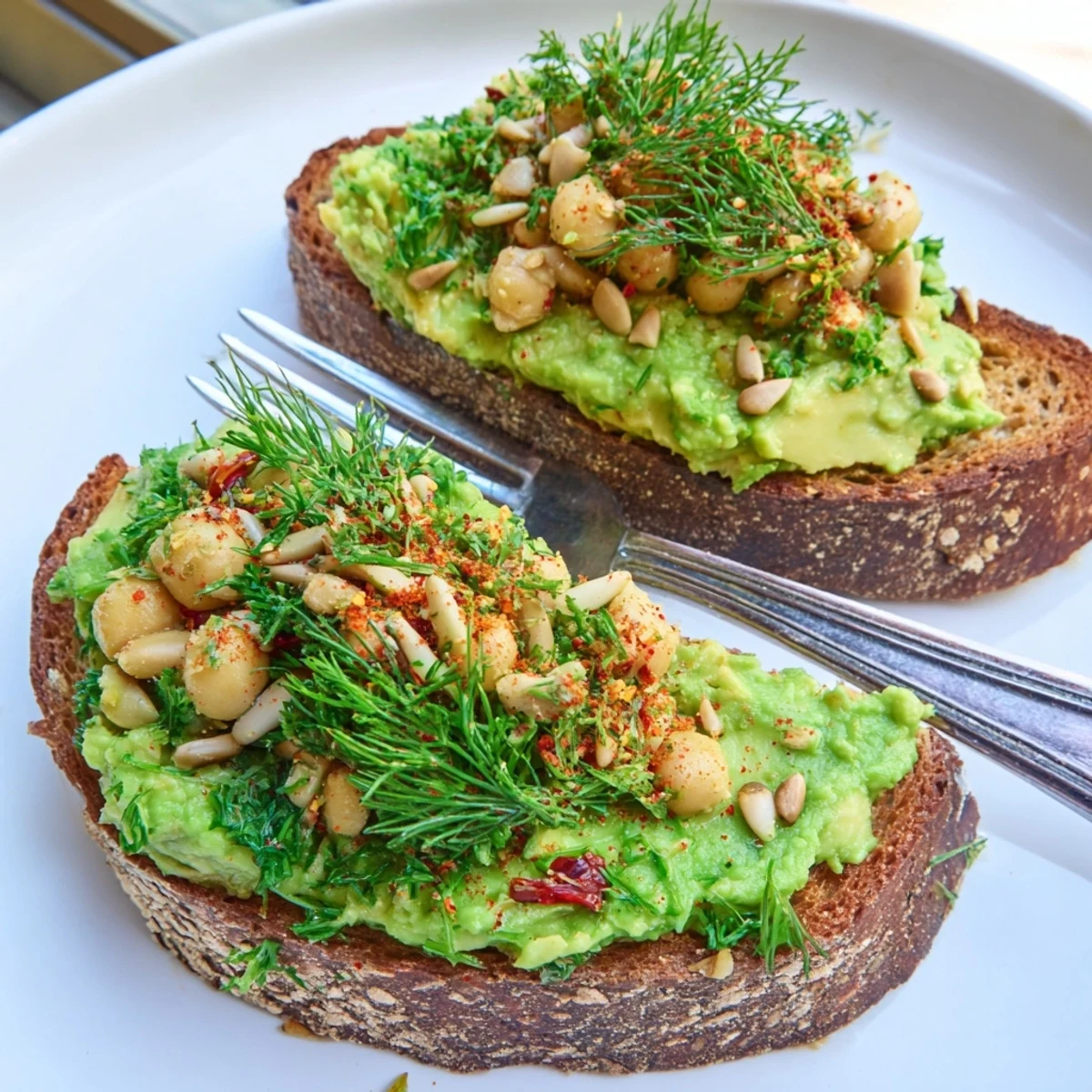 Golden, toasted bread piled high with flavorful Avocado Toast with Chickpeas and fresh herbs.