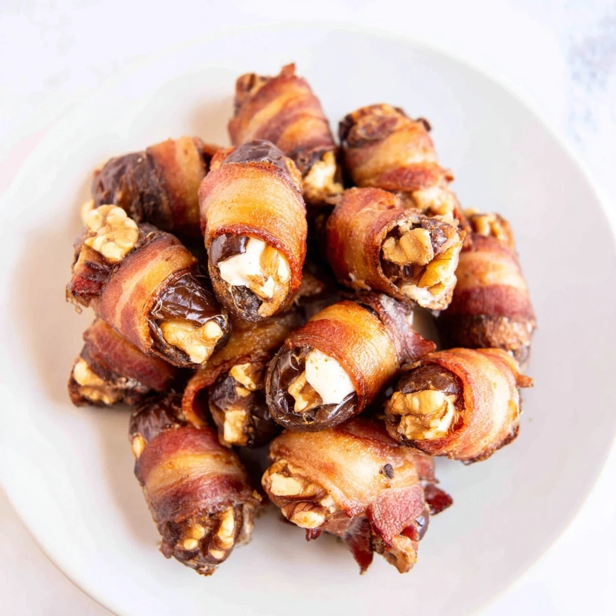 Crispy bacon wraps around sweet dates stuffed with cream cheese and walnuts, a delicious appetizer.