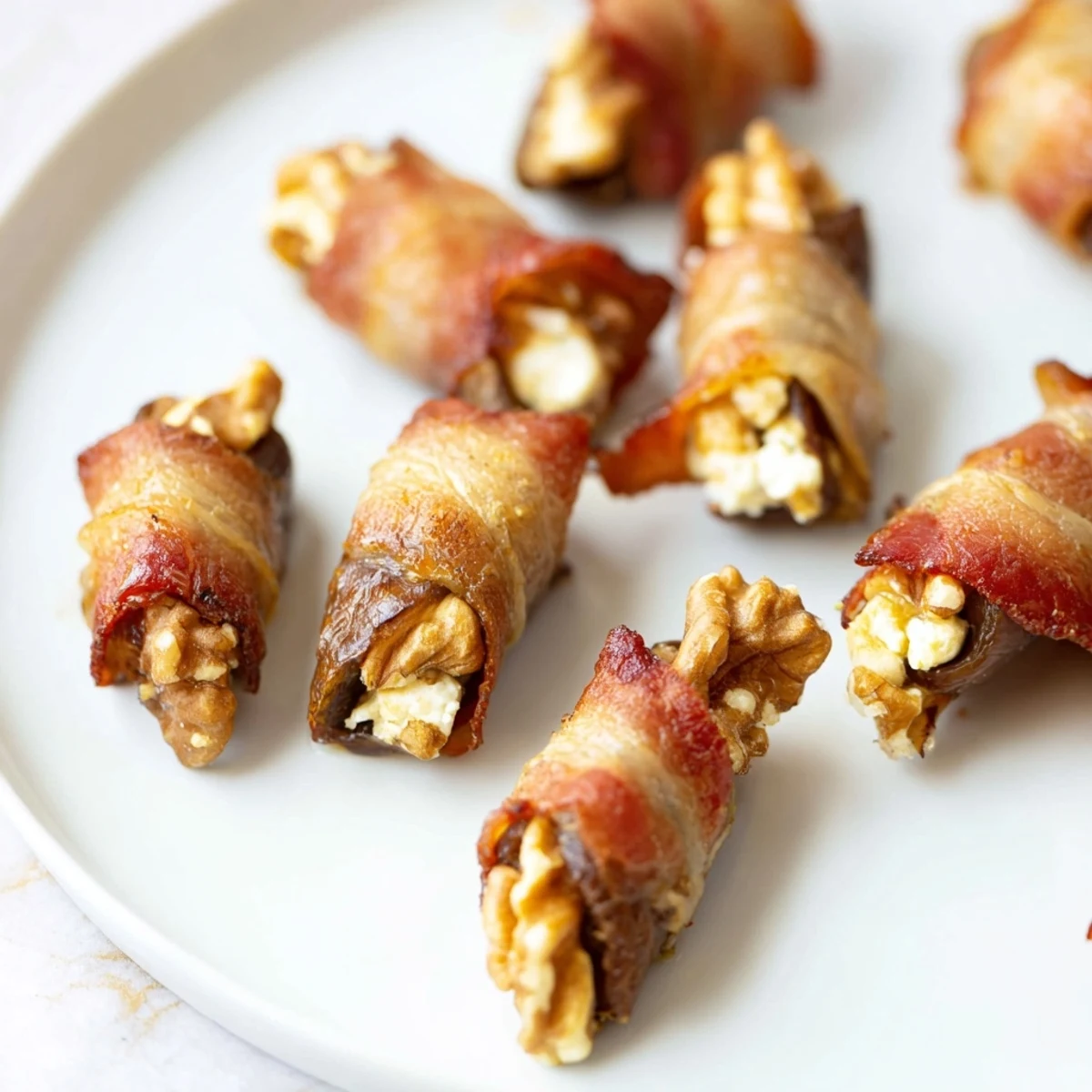 Golden, baked bacon-wrapped dates with cream cheese and walnut filling, ready to serve as appetizers.