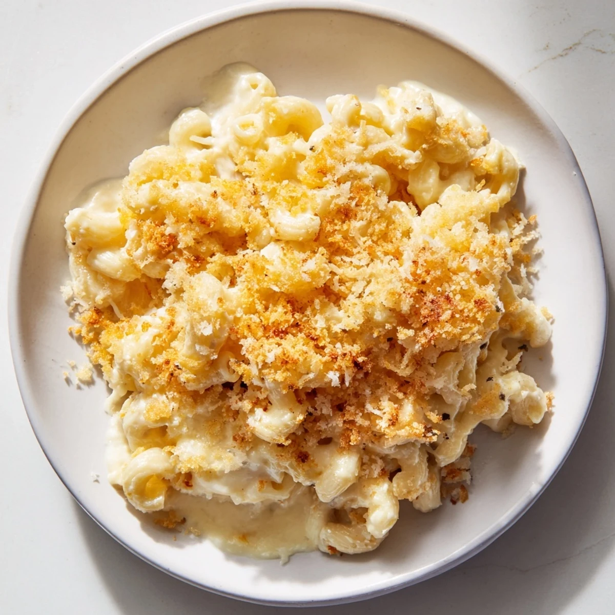 Golden-brown baked macaroni and cheese bubbling, a classic American comfort food ready to serve.