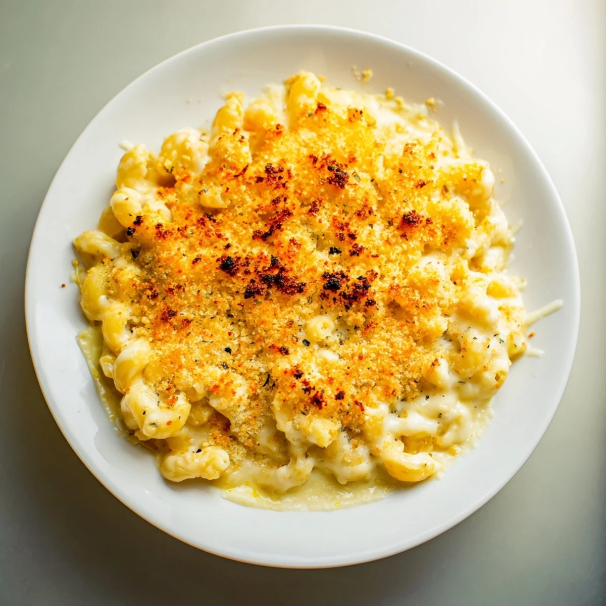 A close-up of cheesy, creamy baked macaroni and cheese, topped with crispy golden breadcrumbs, inviting you to enjoy!