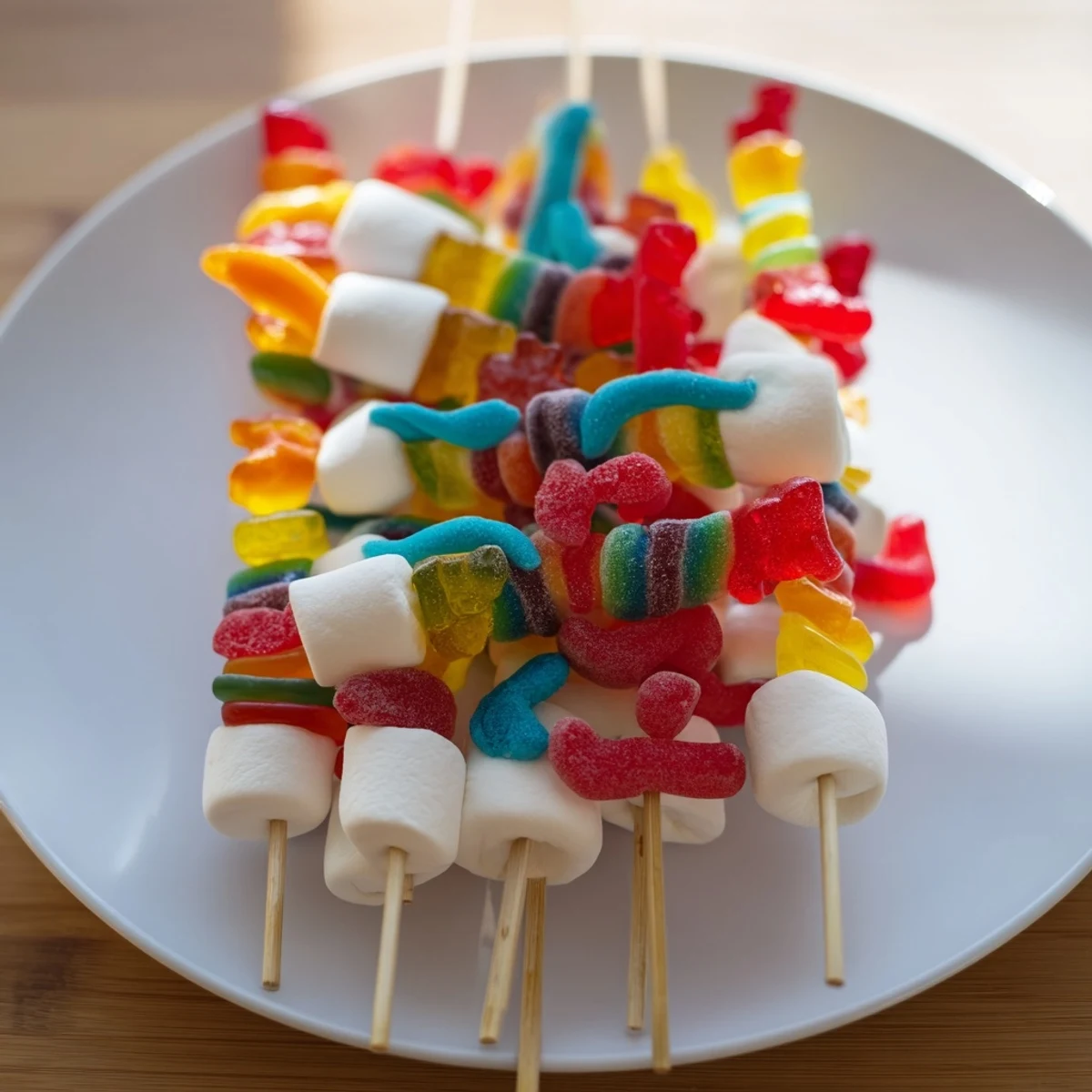 Vibrant Gummy Candy Kabobs, a sweet rainbow of shapes and flavors for delightful party treats.
