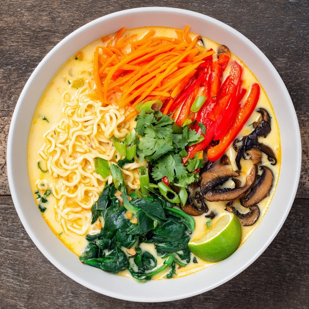 A steaming bowl of Curry Coconut Ramen with colorful veggies and fresh cilantro garnish.