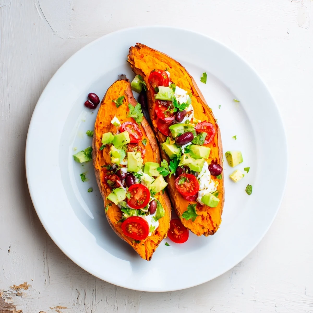 Hot, flavorful Loaded Baked Sweet Potatoes, a hearty vegetarian meal with perfectly baked sweet potato flesh.