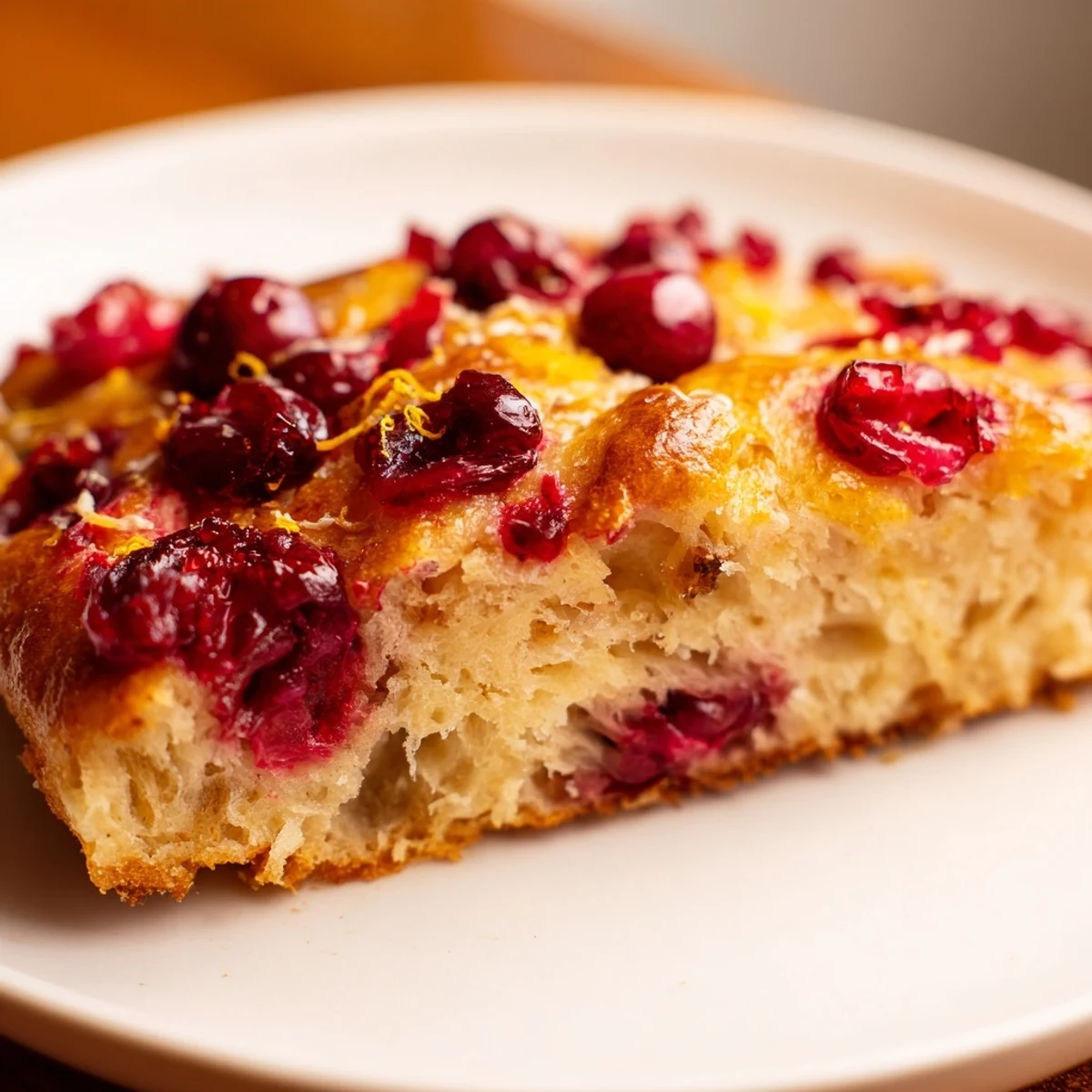 Enjoy a slice of warm and aromatic Cranberry Orange No-Knead Focaccia, perfect for brunch.
