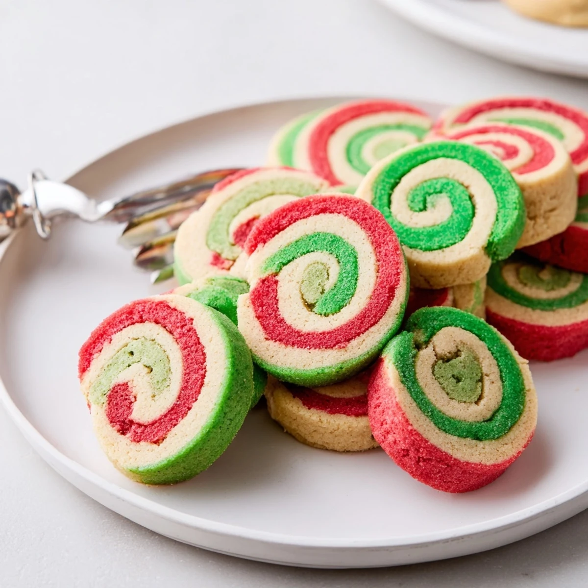 Swirling red and green Holiday Pinwheel Cookies, perfectly crisp with a buttery vanilla flavor, ready to serve.