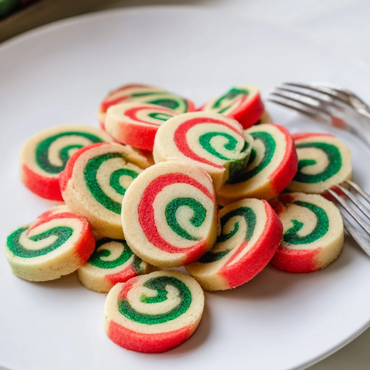 Freshly baked Holiday Pinwheel Cookies, with vibrant red and green spirals; a delicious seasonal dessert idea.