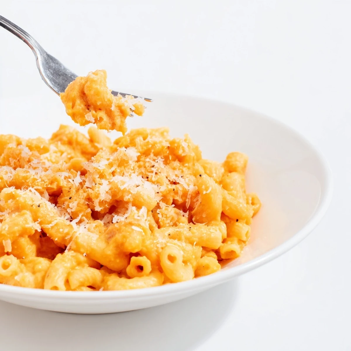 A close-up of a bowl filled with One-Pot Butternut Squash Mac & Cheese, showcasing a perfect cheesy texture.