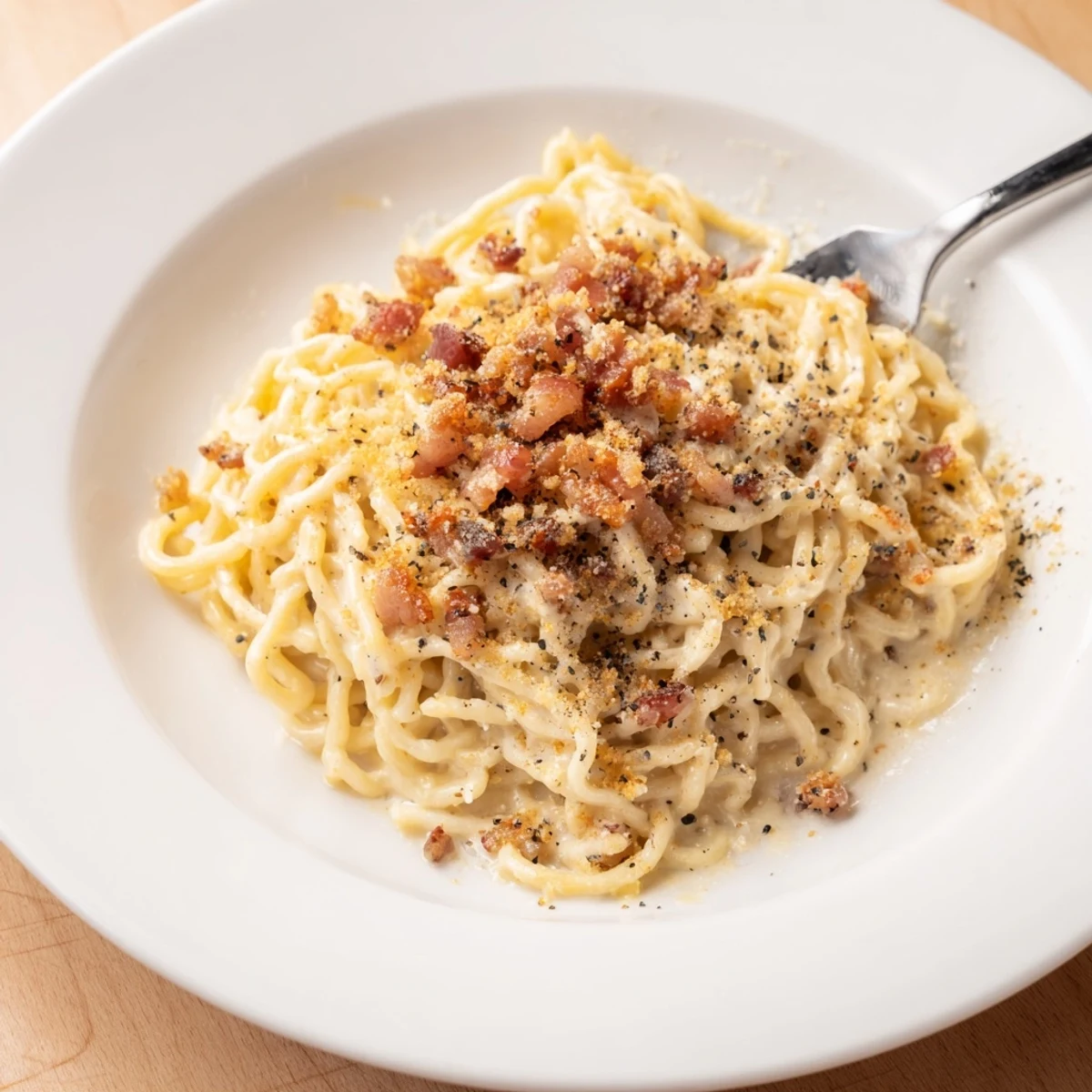 A vibrant photo of Carbonara Ramen Fusion: a quick fusion meal, steaming and cheesy.