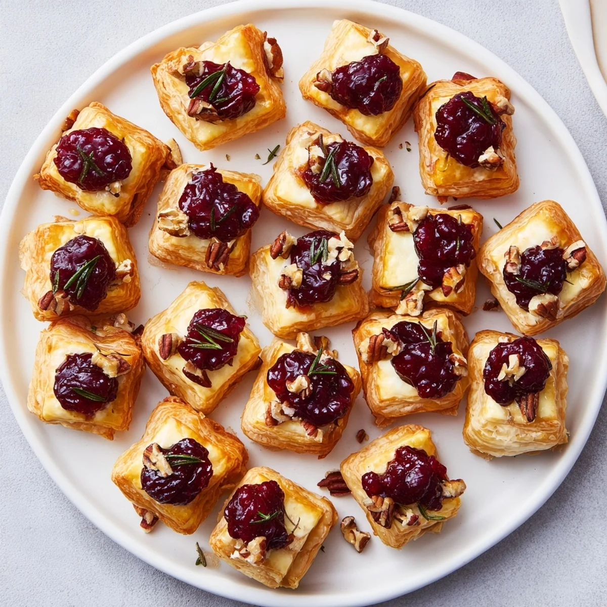 Golden, flaky Cranberry Brie Bites appetizer served warm, showcasing melty brie and tart cranberries.