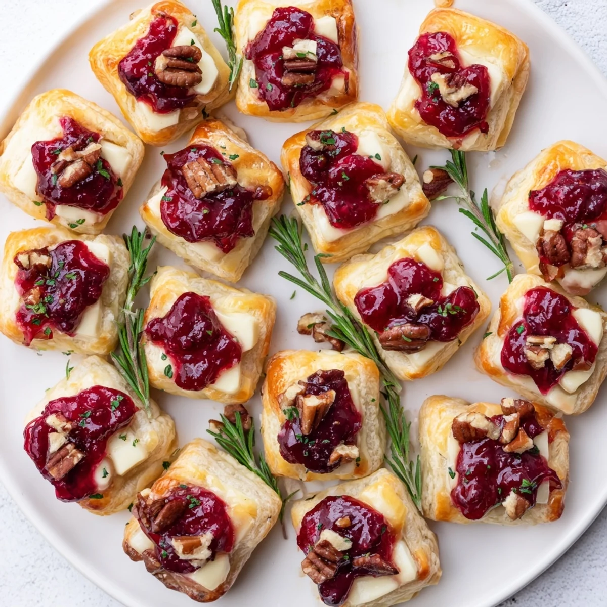 A close-up of baked Cranberry Brie Bites with gooey cheese and a savory, holiday aroma.