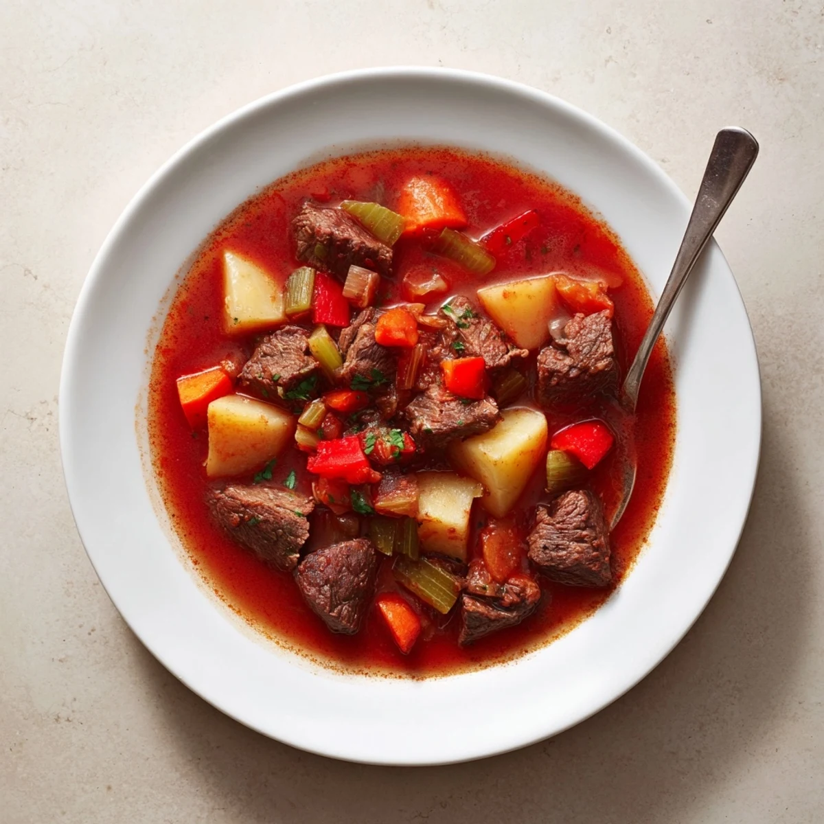 Tender chunks of beef and vegetables simmer in a rich stew, Smoked Paprika & Garlic Beef Stew.
