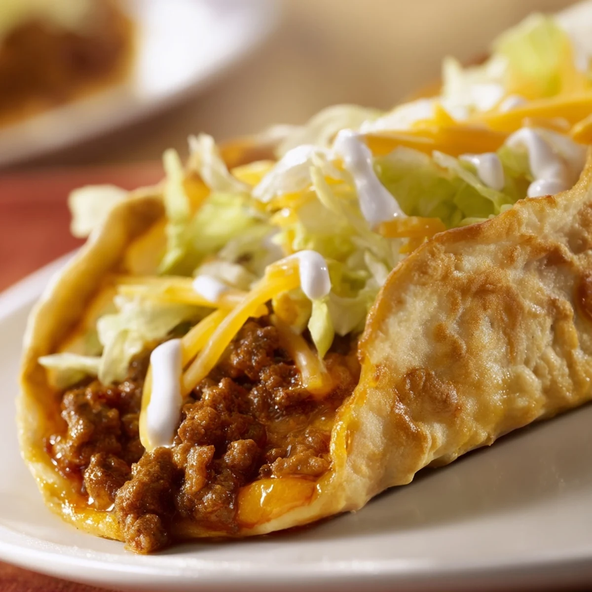 A close-up of a loaded Cheesy Gordita Crunch taco, ready to eat, with melted cheese visible.