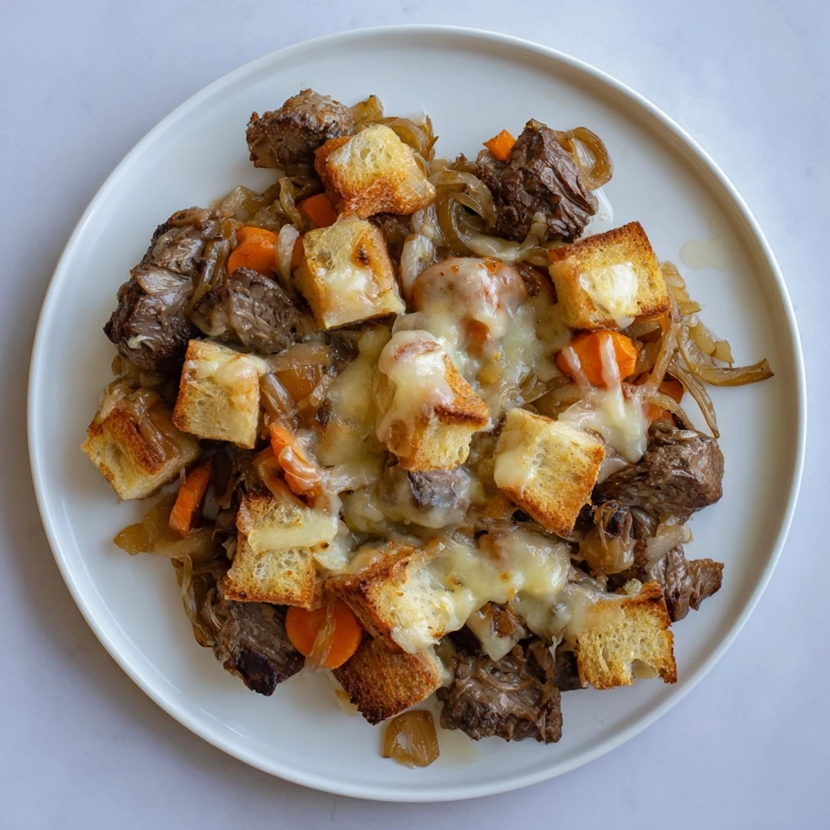 Golden, bubbly cheese blankets the tender pot roast in this enticing French Onion Pot Roast Casserole recipe.