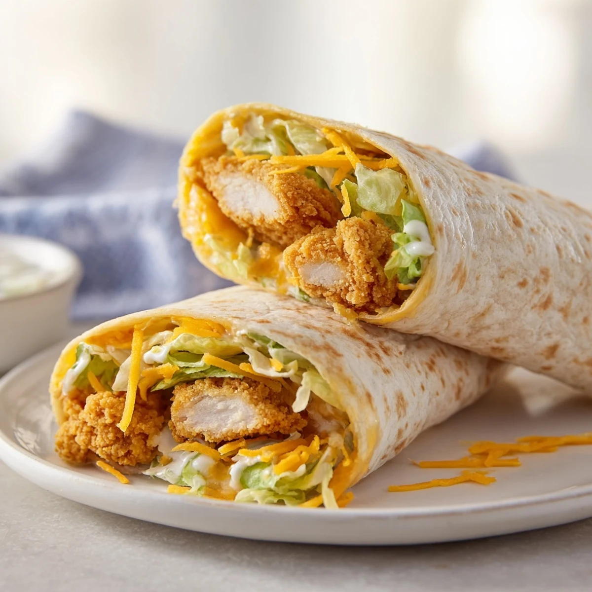 Golden-brown, crispy chicken fills a fresh Crispy Chicken Ranch Snack Wrap, ready to eat.
