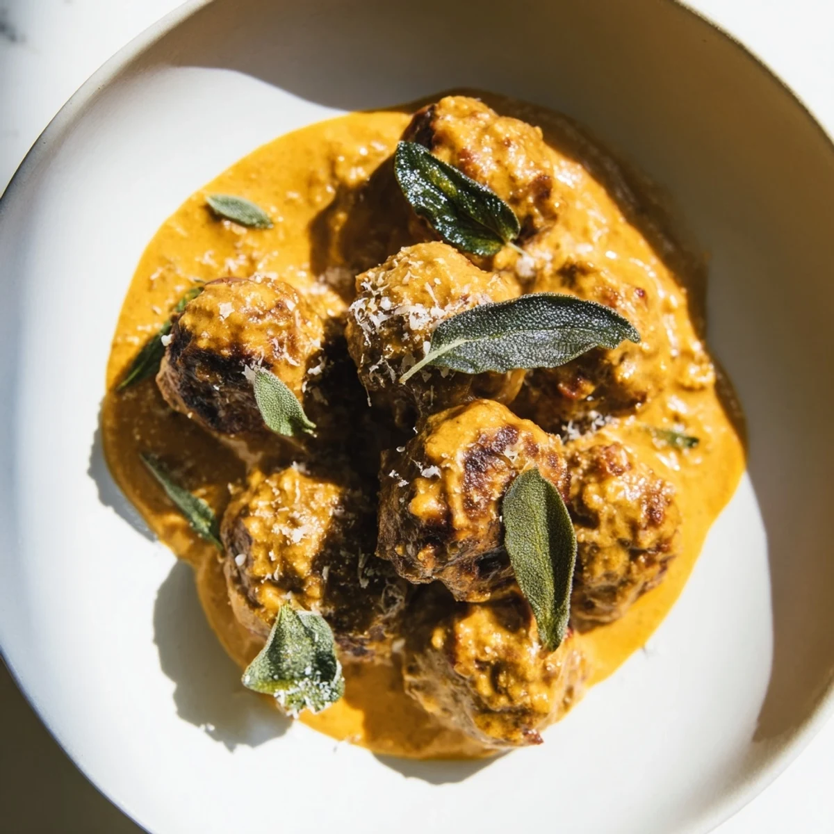 Golden Easy Turkey Meatballs in Pumpkin Sage Sauce bathed in a creamy sauce, ready to serve over pasta.