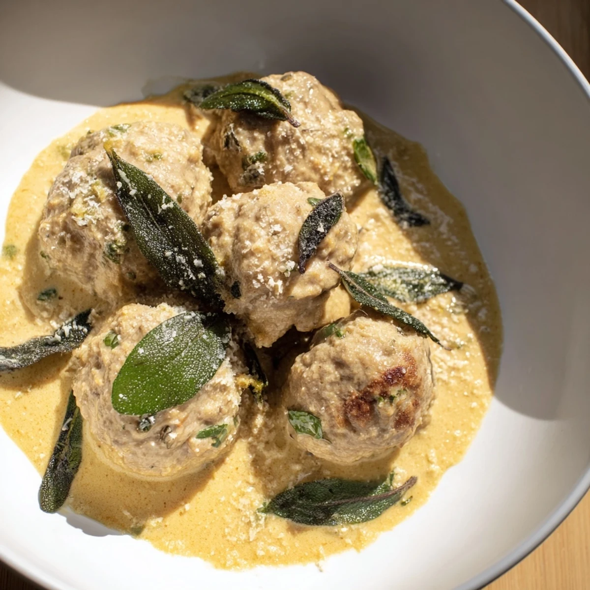 A close-up of tender Easy Turkey Meatballs in Pumpkin Sage Sauce, showcasing the rich, spiced gravy.