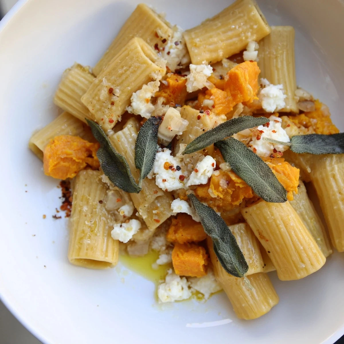 Creamy Viral Sweet Potato Goat Cheese Sage pasta with roasted sweet potatoes, topped with crispy sage.