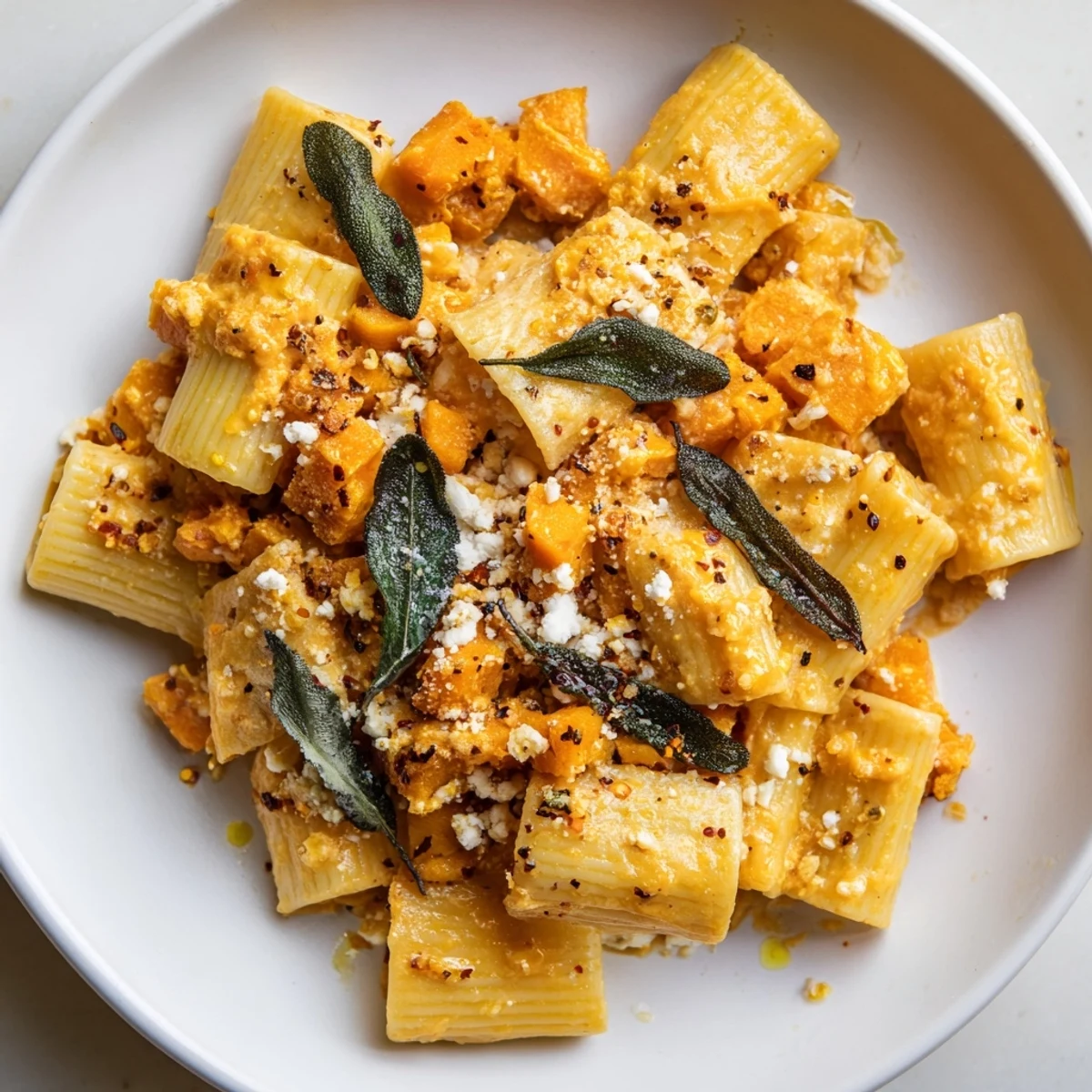Savory Viral Sweet Potato Goat Cheese Sage pasta, featuring vibrant sweet potato and crumbled goat cheese.